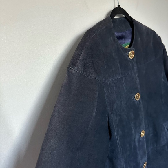Vintage Danier Leather Suede Navy Blue Jacket Military Button Up Shoulder Pads - Picture 7 of 16